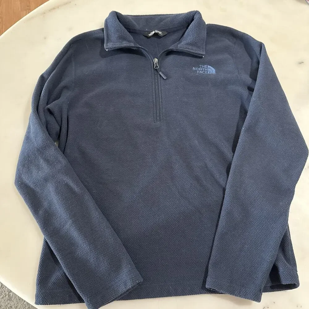 The North Face Mens Waffle Knit Quarter Zip Fleece Pullover Navy Blue Medium